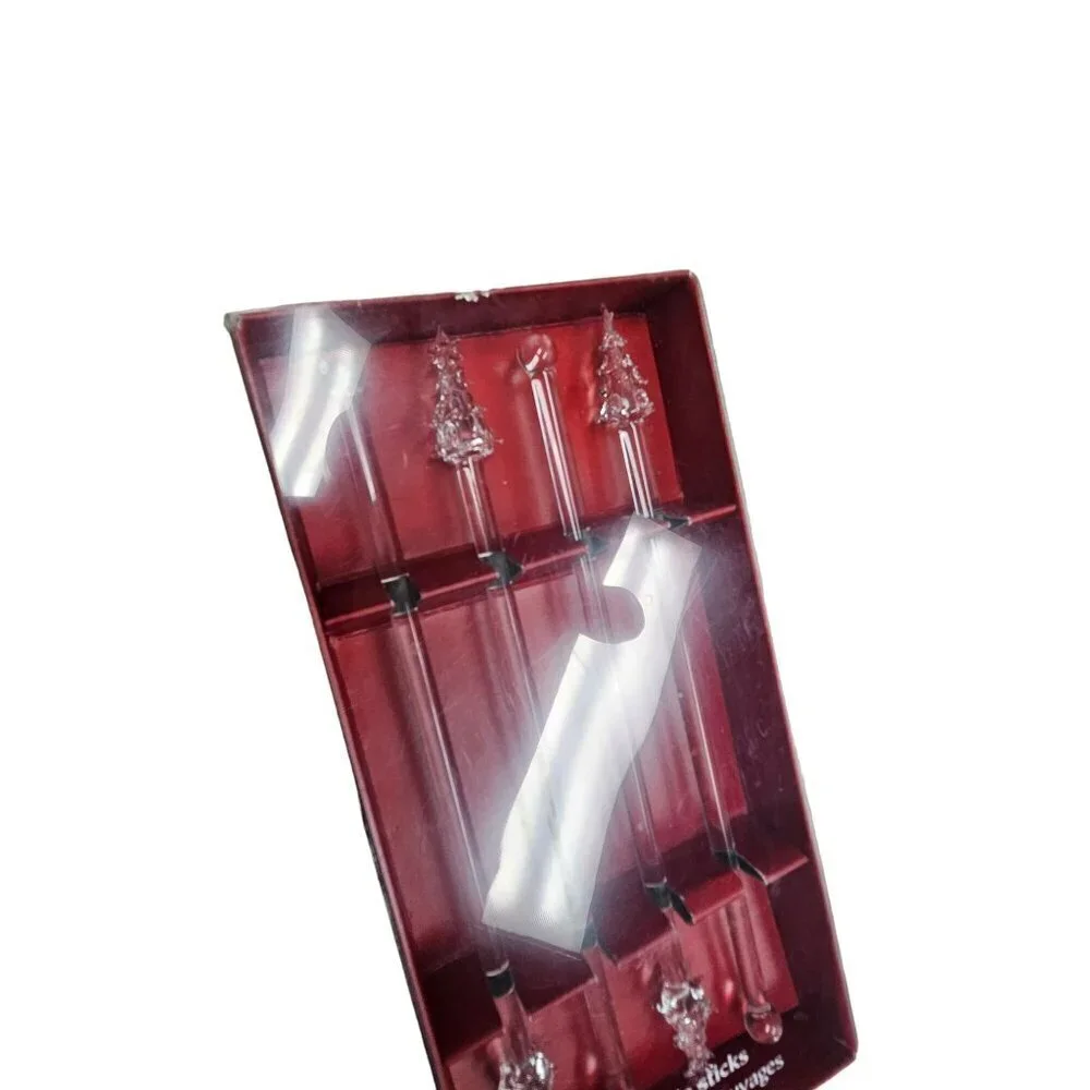 Pier One‎ Glass Swizzle Sticks With Decorative Christmas Tree Tops Set Of 4 Xmas